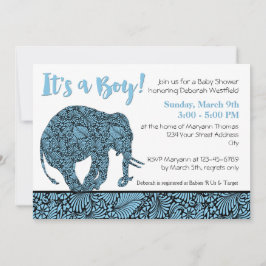 Damask Elephant Boy Baby shower Kaart