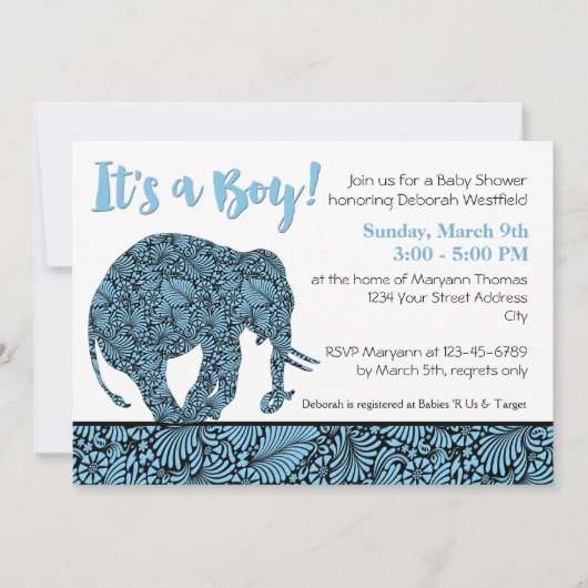 Damask Elephant Boy Baby shower Kaart (Voorkant)