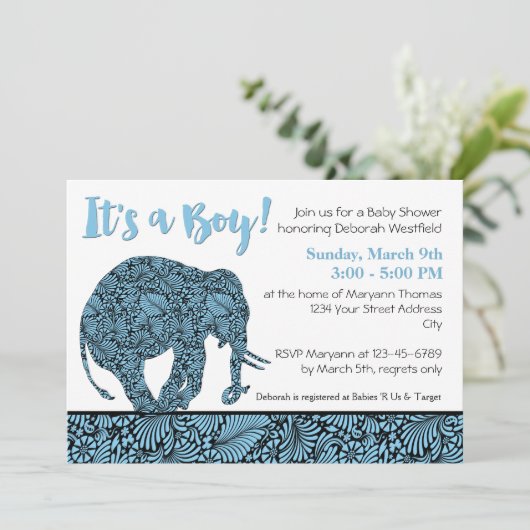 Damask Elephant Boy Baby shower Kaart (Staand voorkant)