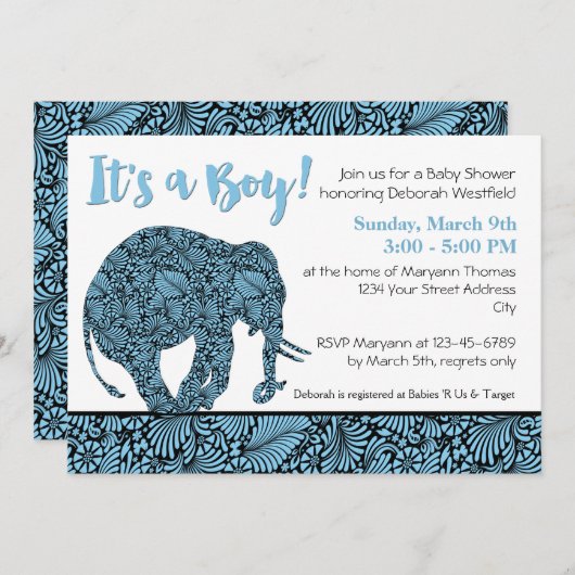 Damask Elephant Boy Baby shower Kaart (Voorkant / Achterkant)
