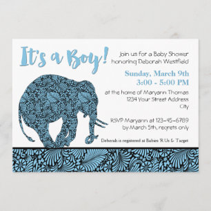 Damask Elephant Boy Baby shower Kaart