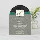 Damask Emerald Green Black Wedding Kaart (Staand voorkant)