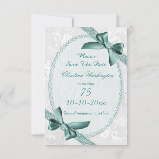 Damask en Bows 75th Birthday Save the Date (Achterkant)