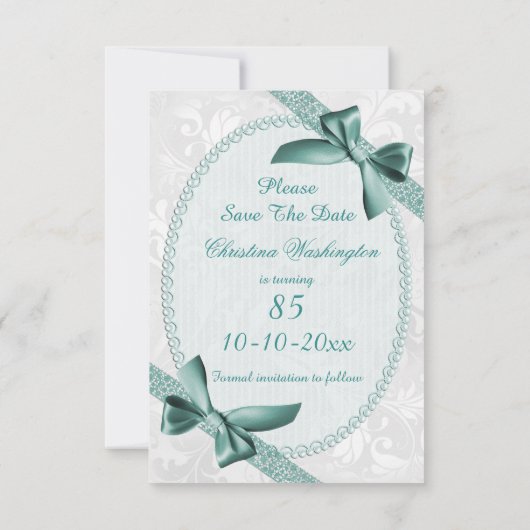 Damask en Bows 85th Birthday Save the Date (Achterkant)