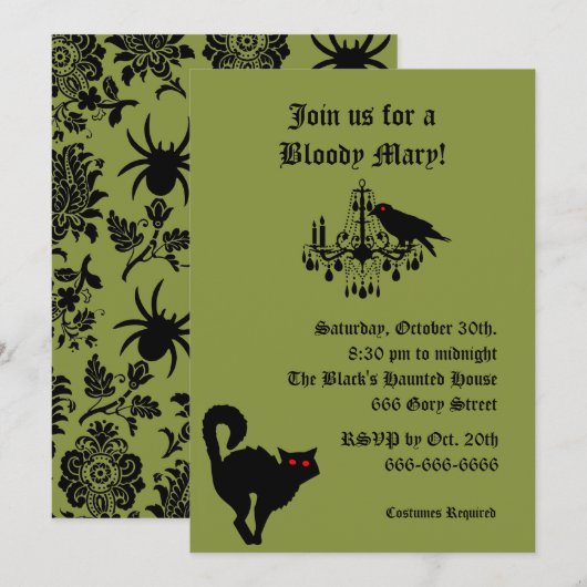 Damask en Green Halloween Invitation Kaart (Voorkant / Achterkant)