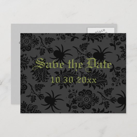 Damask en Green Save the Date Briefkaart (Voorkant / Achterkant)
