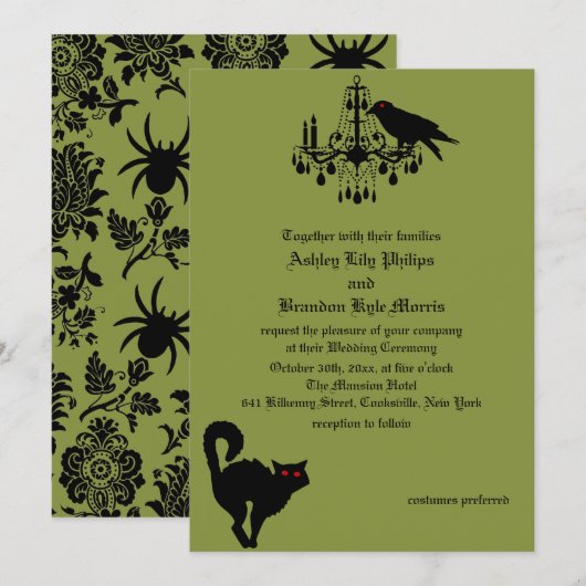 Damask en Green Wedding Invitation Kaart (Voorkant / Achterkant)