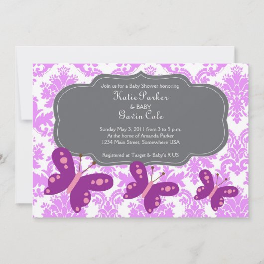 Damask en Paarse Butterfly Invitation Kaart (Voorkant)