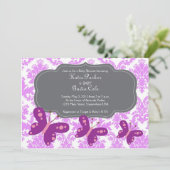 Damask en Paarse Butterfly Invitation Kaart (Staand voorkant)