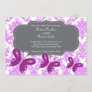Damask en Paarse Butterfly Invitation Kaart