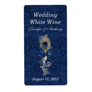 Damask- en Peacock Feather Wedding Mini Wine Etiket