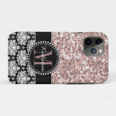Damask en Pink Glitter, Monogrammed Case-Mate iPhone Case (Achterkant (horizontaal))
