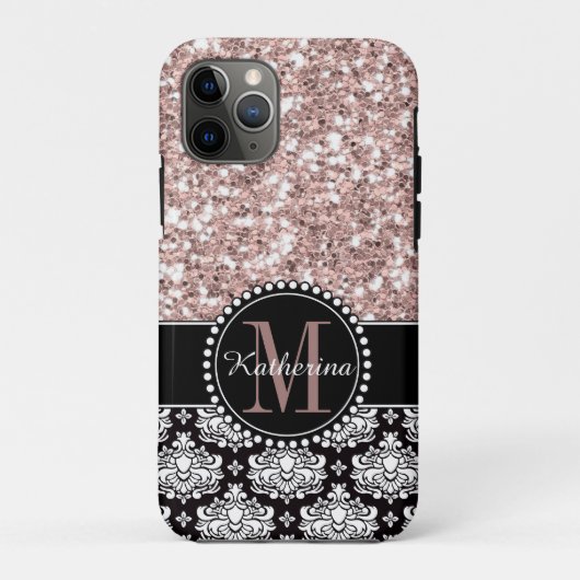 Damask en Pink Glitter, Monogrammed Case-Mate iPhone Case (Achterkant)