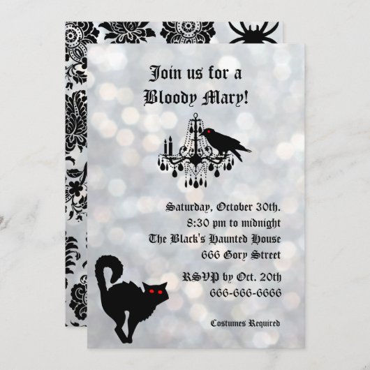 Damask en Sparkly Silver Halloween Invitation Kaart (Voorkant / Achterkant)