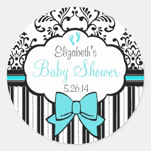  Damask en Stripes Blue Baby shower Ronde Sticker (Voorkant)