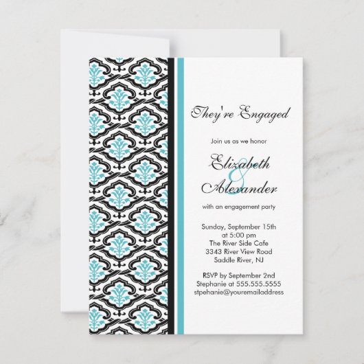 Damask Engagement Party Invitation turquoise blue Kaart (Voorkant)