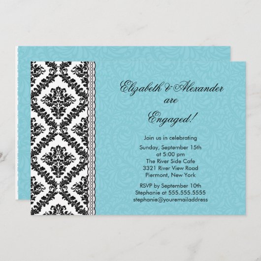 Damask Engagement Party nodigt blauw uit Kaart (Voorkant / Achterkant)
