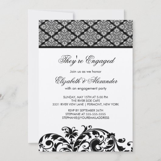 Damask Engagement Party - Uitnodiging zwart (Voorkant)