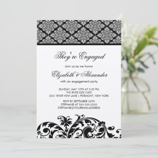 Damask  Engagement Party - Uitnodiging zwart (Staand voorkant)