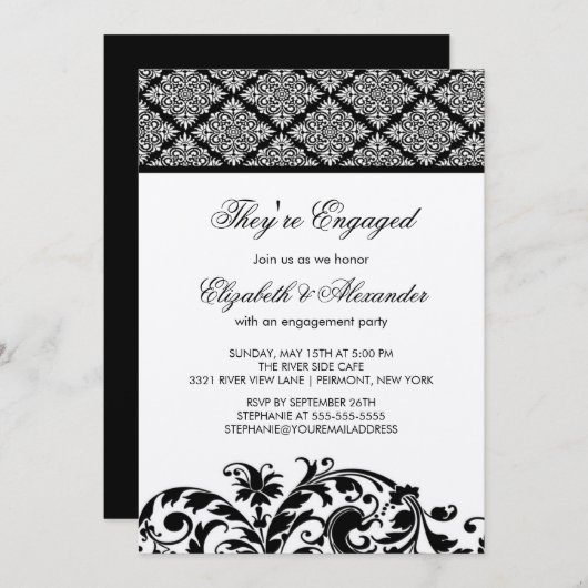 Damask Engagement Party - Uitnodiging zwart (Voorkant / Achterkant)