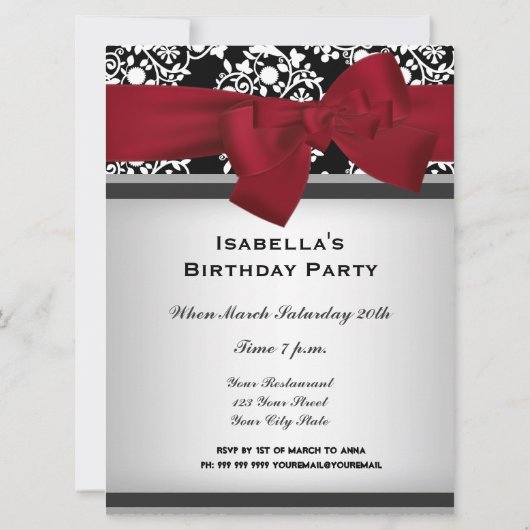 Damask Event Invitation Red groot Kaart (Achterkant)