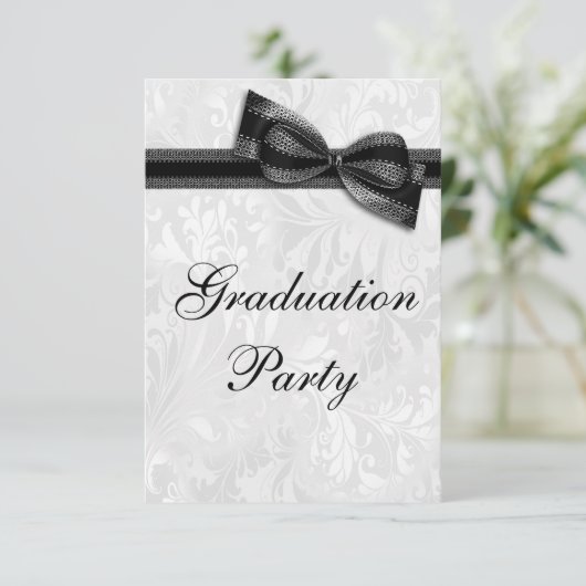 Damask & Faux Bow Meisjes Afstudeerfeest Kaart (Staand voorkant)