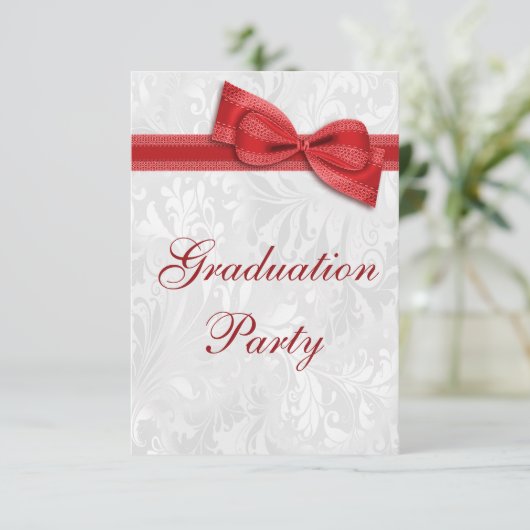 Damask & Faux Bow Meisjes Afstudeerfeest Kaart (Staand voorkant)