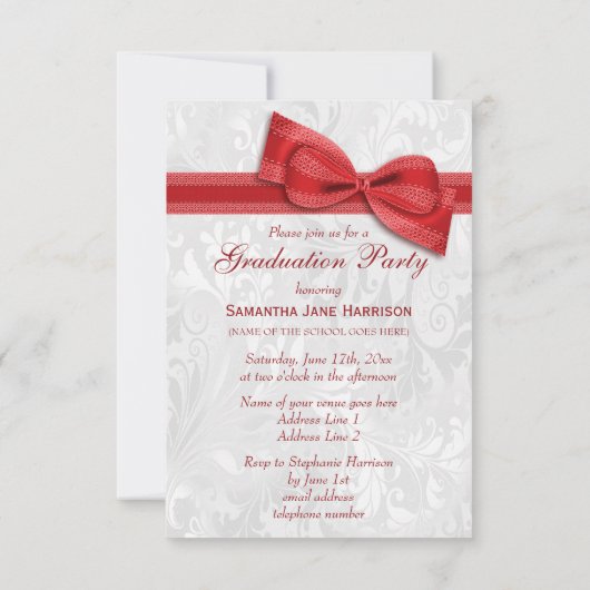 Damask & Faux Bow Meisjes Afstudeerfeest Kaart (Achterkant)