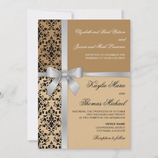 Damask Faux Silver Ribbon herfst Wedding Kaart (Voorkant)