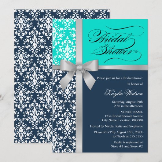 Damask Faux Silver Ribbon Navy Aqua Vrijgezellenfe Kaart (Voorkant / Achterkant)