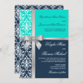 Damask Faux Silver Ribbon Navy Aqua Wedding Kaart (Voorkant / Achterkant)