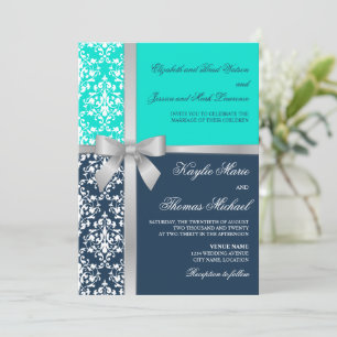 Damask Faux Silver Ribbon Navy Aqua Wedding Kaart