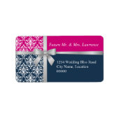 Damask Faux Silver Ribbon Navy Blue Fuchsia Etiket (Voorkant)