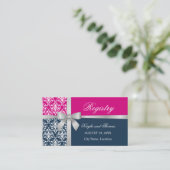 Damask Faux Silver Ribbon Navy Blue Fuchsia Informatiekaartje (Staand voorkant)