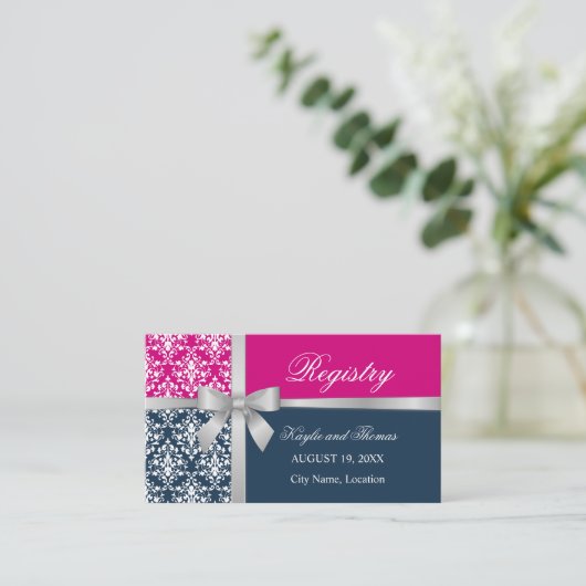 Damask Faux Silver Ribbon Navy Blue Fuchsia Informatiekaartje (Staand voorkant)