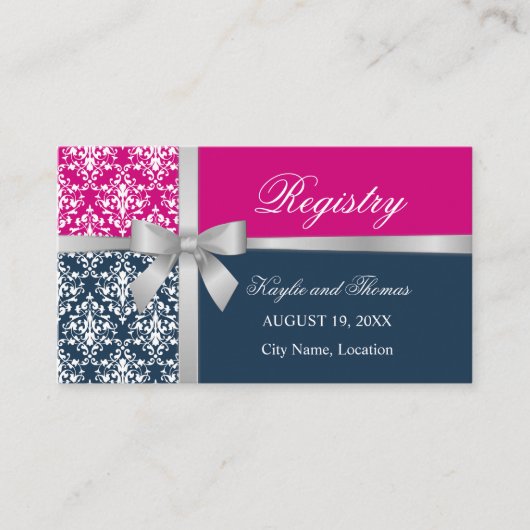 Damask Faux Silver Ribbon Navy Blue Fuchsia Informatiekaartje (Voorkant)