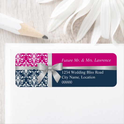 Damask Faux Silver Ribbon Navy Blue Fuchsia Label (Insitu)