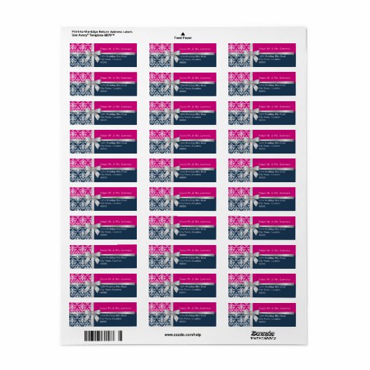 Damask Faux Silver Ribbon Navy Blue Fuchsia Label (Full Sheet)