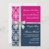 Damask Faux Silver Ribbon Navy Fuchsia Wedding Kaart (Voorkant)