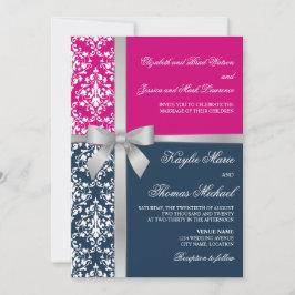 Damask Faux Silver Ribbon Navy Fuchsia Wedding Kaart