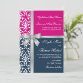 Damask Faux Silver Ribbon Navy Fuchsia Wedding Kaart (Staand voorkant)