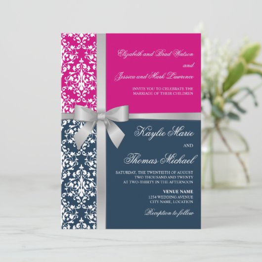 Damask Faux Silver Ribbon Navy Fuchsia Wedding Kaart (Staand voorkant)