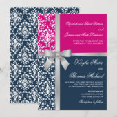 Damask Faux Silver Ribbon Navy Fuchsia Wedding Kaart (Voorkant / Achterkant)