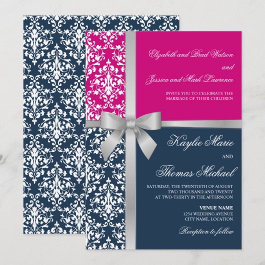 Damask Faux Silver Ribbon Navy Fuchsia Wedding Kaart (Voorkant / Achterkant)