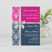 Damask Faux Silver Ribbon Navy Fuchsia Wedding Kaart (Staand voorkant)