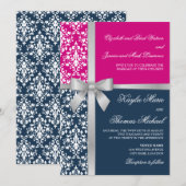 Damask Faux Silver Ribbon Navy Fuchsia Wedding Kaart (Voorkant / Achterkant)