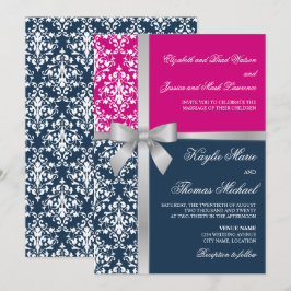 Damask Faux Silver Ribbon Navy Fuchsia Wedding Kaart
