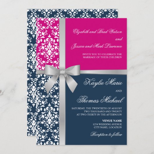 Damask Faux Silver Ribbon Navy Fuchsia Wedding Kaart (Voorkant / Achterkant)
