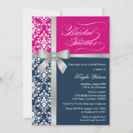 Damask Faux Silver Ribbon Navy Pink Vrijgezellenfe Kaart