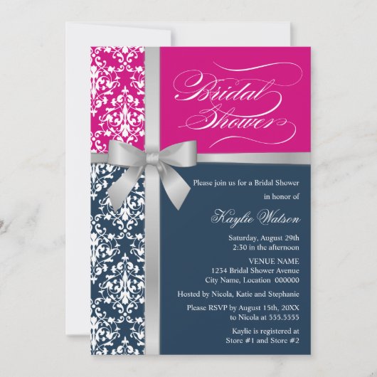 Damask Faux Silver Ribbon Navy Pink Vrijgezellenfe Kaart (Voorkant)